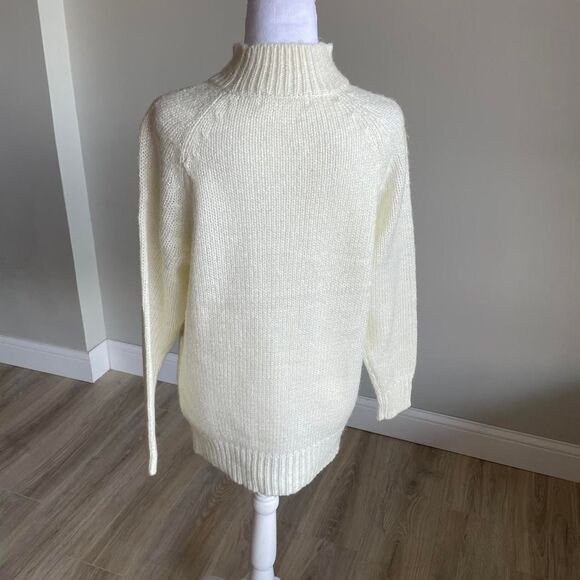 Cream Metallic Knit Turtleneck Sweater Pockets Women's Medium Retro Cozy Bling - Picture 6 of 6